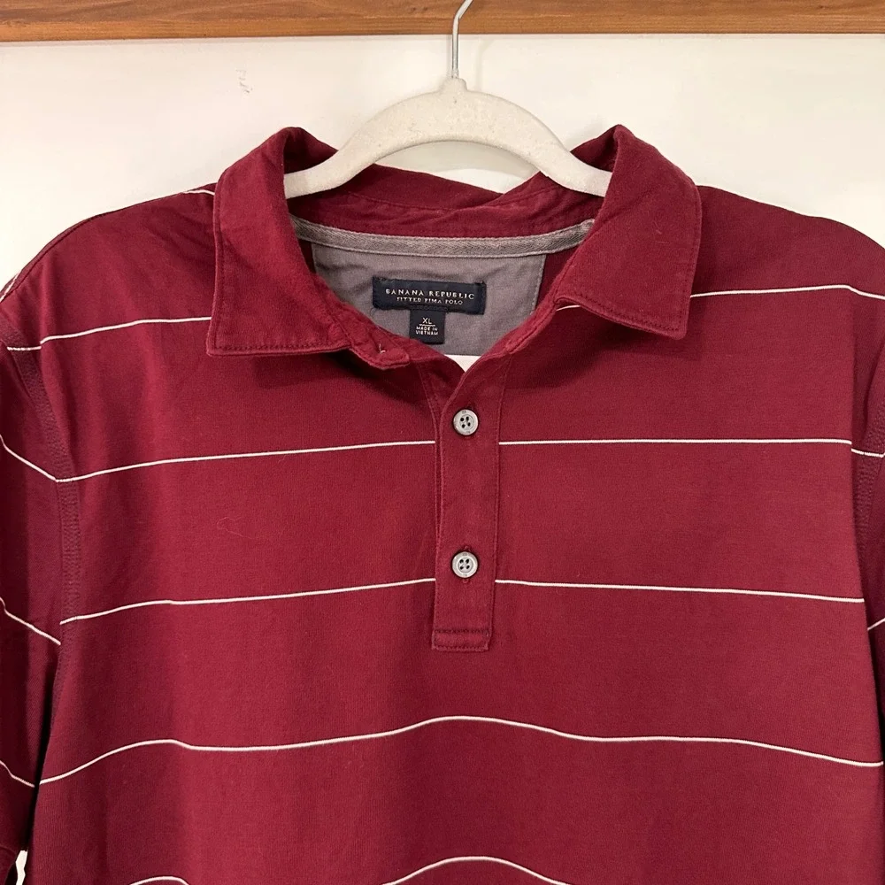 Banana Republic Fitted Pima Polo‎ Mens XL Burgundy White Stripe | Preppy Classic